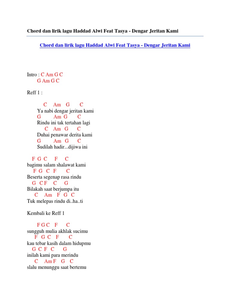 Chord Dan Lirik Lagu Haddad Alwi Feat Tasya - Dengar Jeritan Kami | PDF