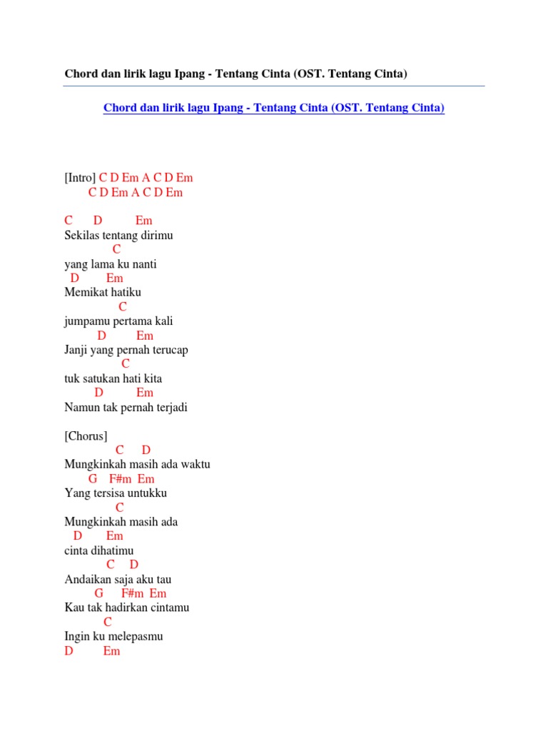 Chord Dan Lirik Lagu Ipang - Tentang Cinta (OST. Tentang Cinta) | PDF