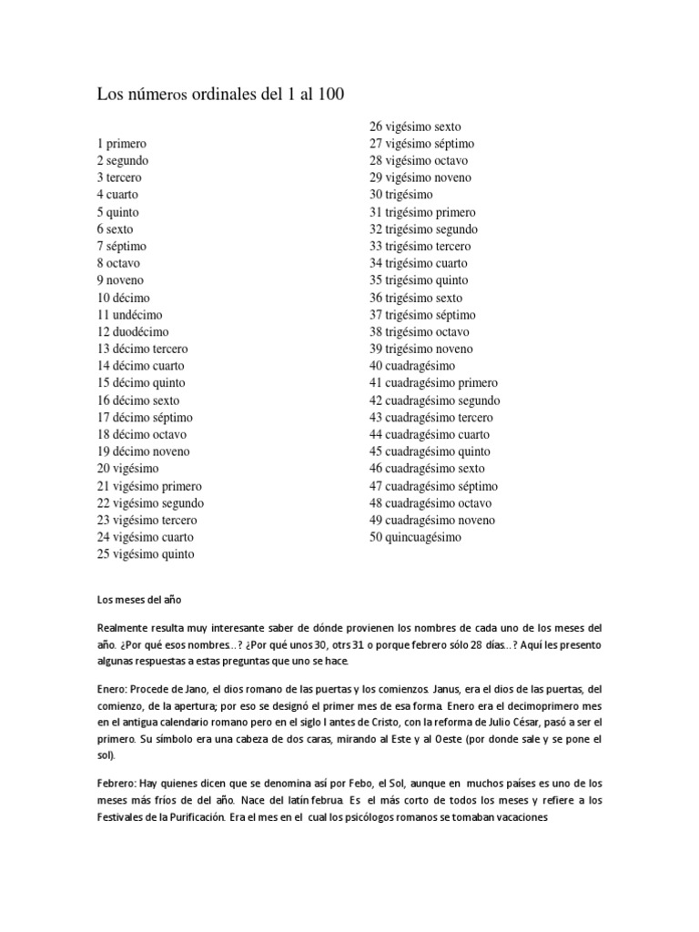 Los Numeros Ordinales Del 1 Al 100 Calendario Roma Antigua
