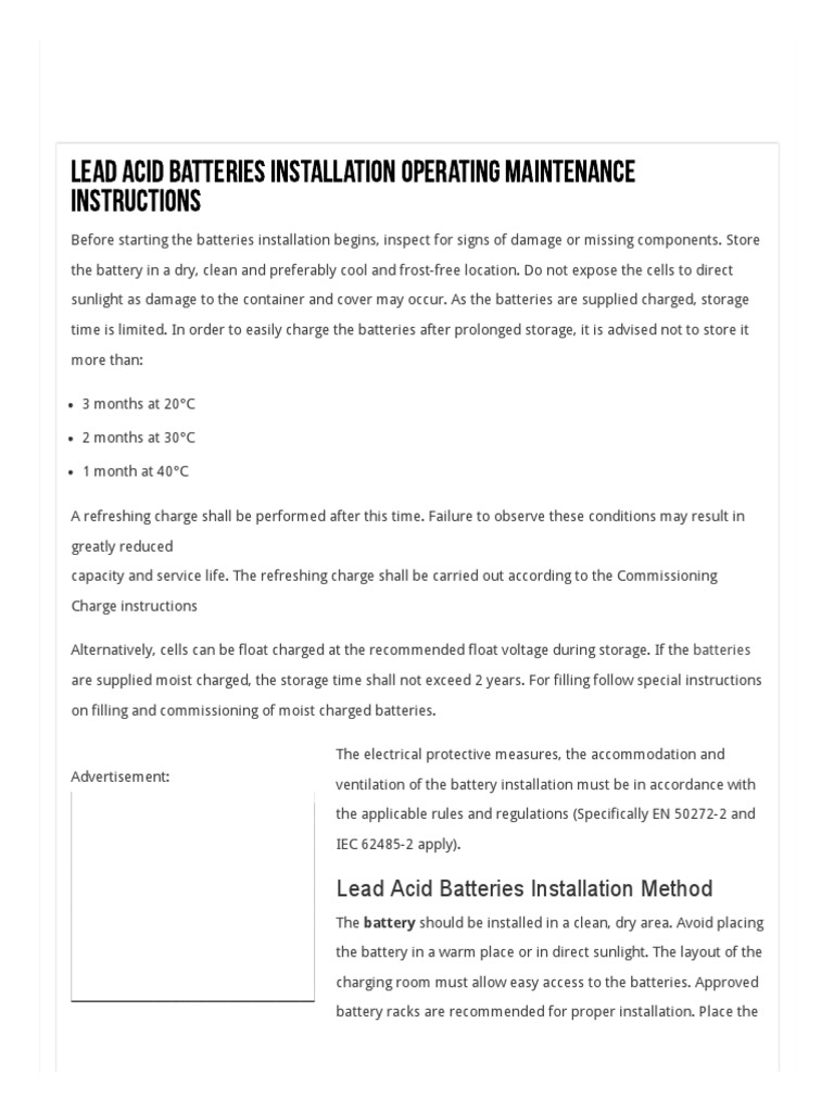 Lead Acid Batteries Installation Operating Maintenance Instructions