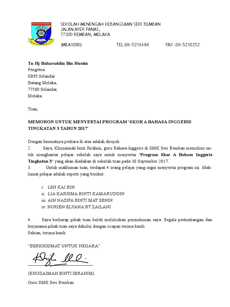 Surat Permohonan Menyertai Program Pdf