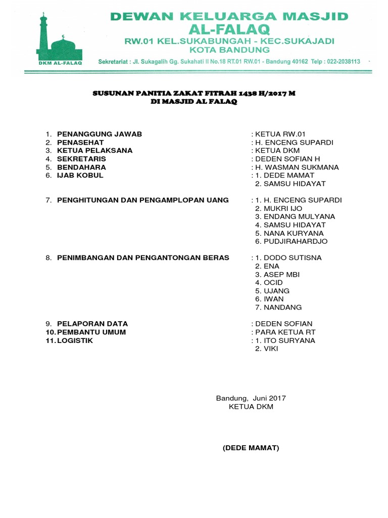 Susunan Panitia Zakat Fitrah 1438 H