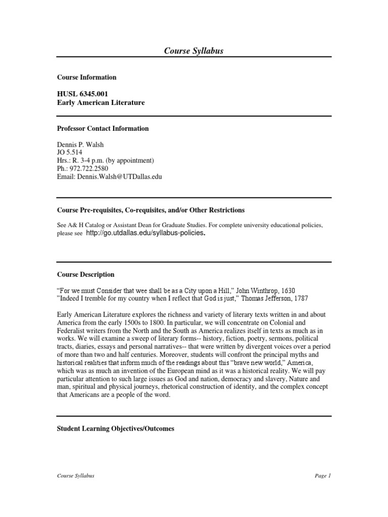 HUSL 6345.001 Early American Literature: Course Syllabus | PDF ...
