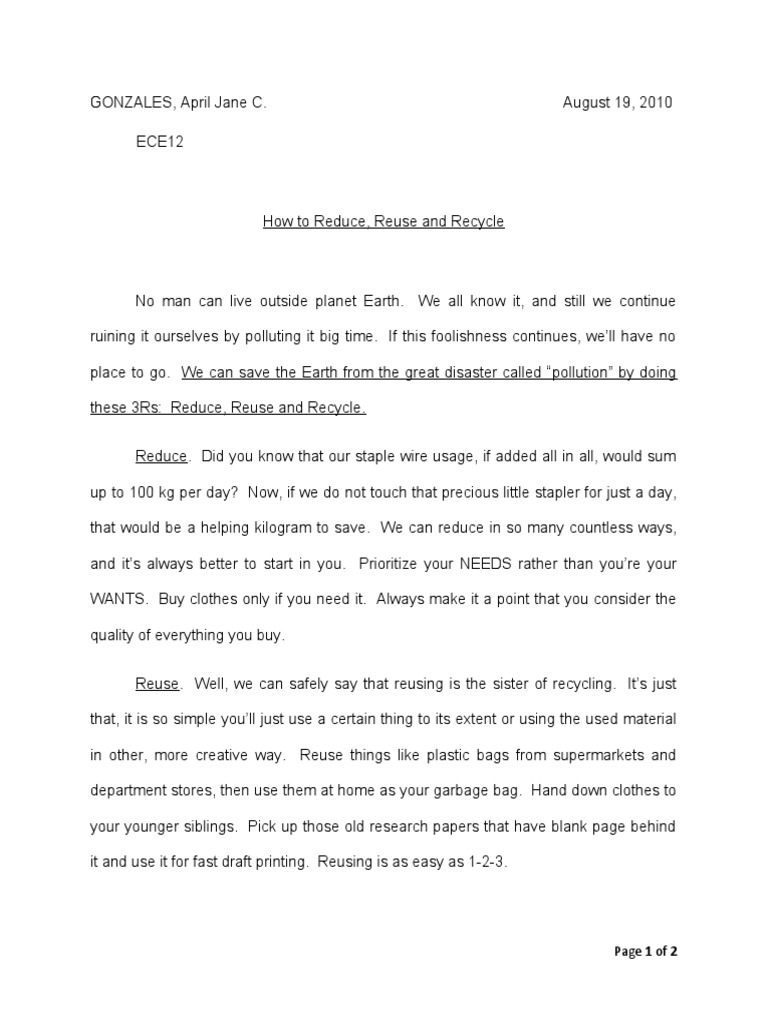 Essay on recycle reuse reduce