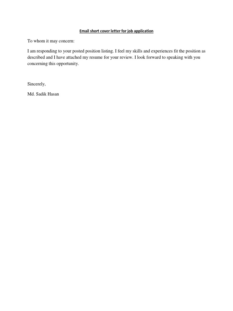 short email cover letter for job application