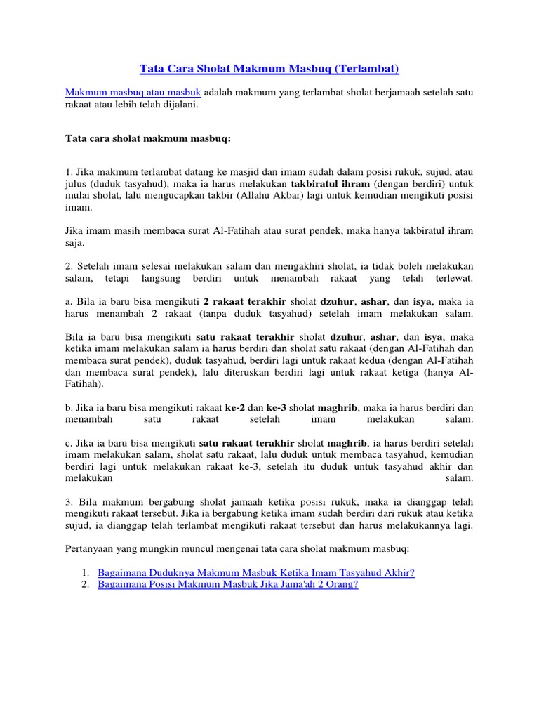 Tata Cara Sholat Makmum Masbuq