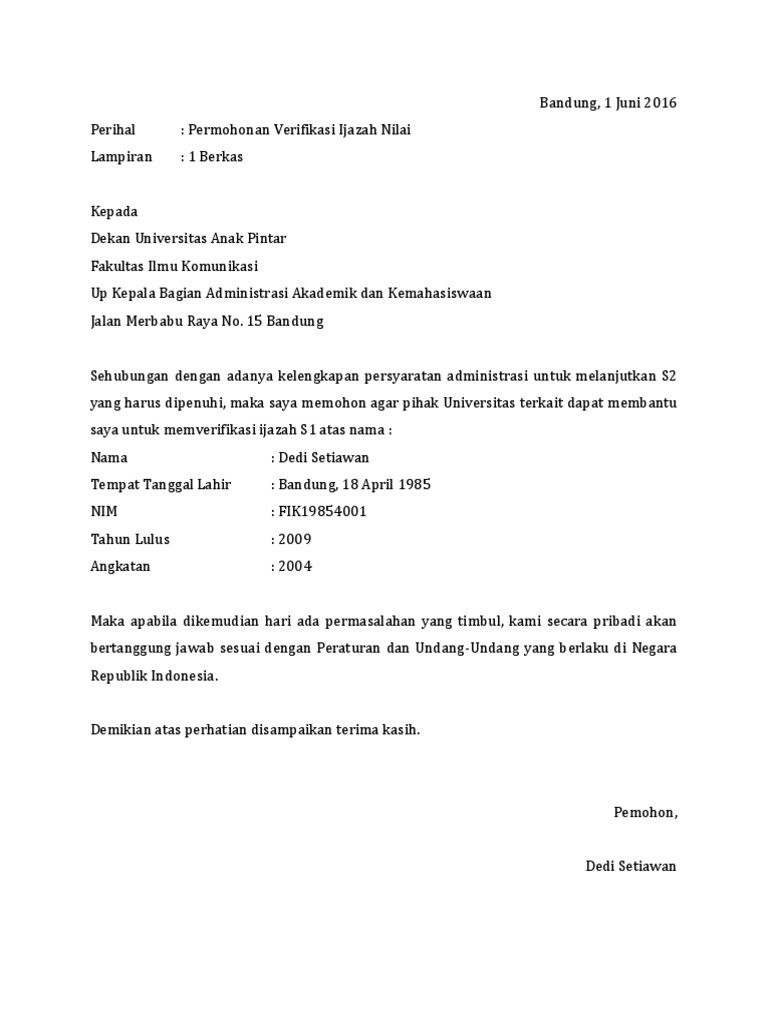 Contoh Surat Verifikasi Ijazah Ke Universitas