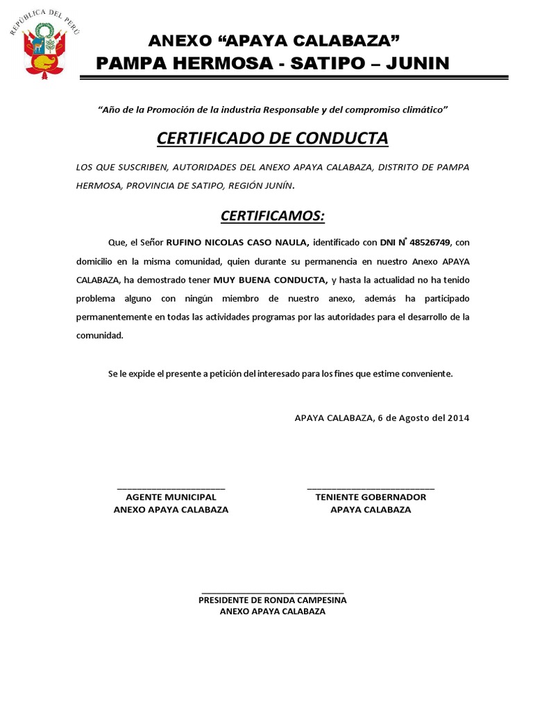 Certificado de Buena Conducta Anexo Apaya Calabaza