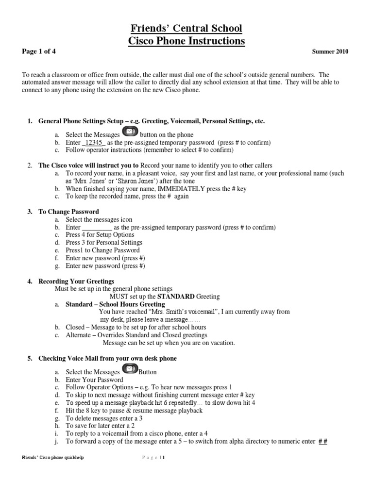 Friends' Central School Cisco Phone Instructions: Page 1 of 4 | PDF ...