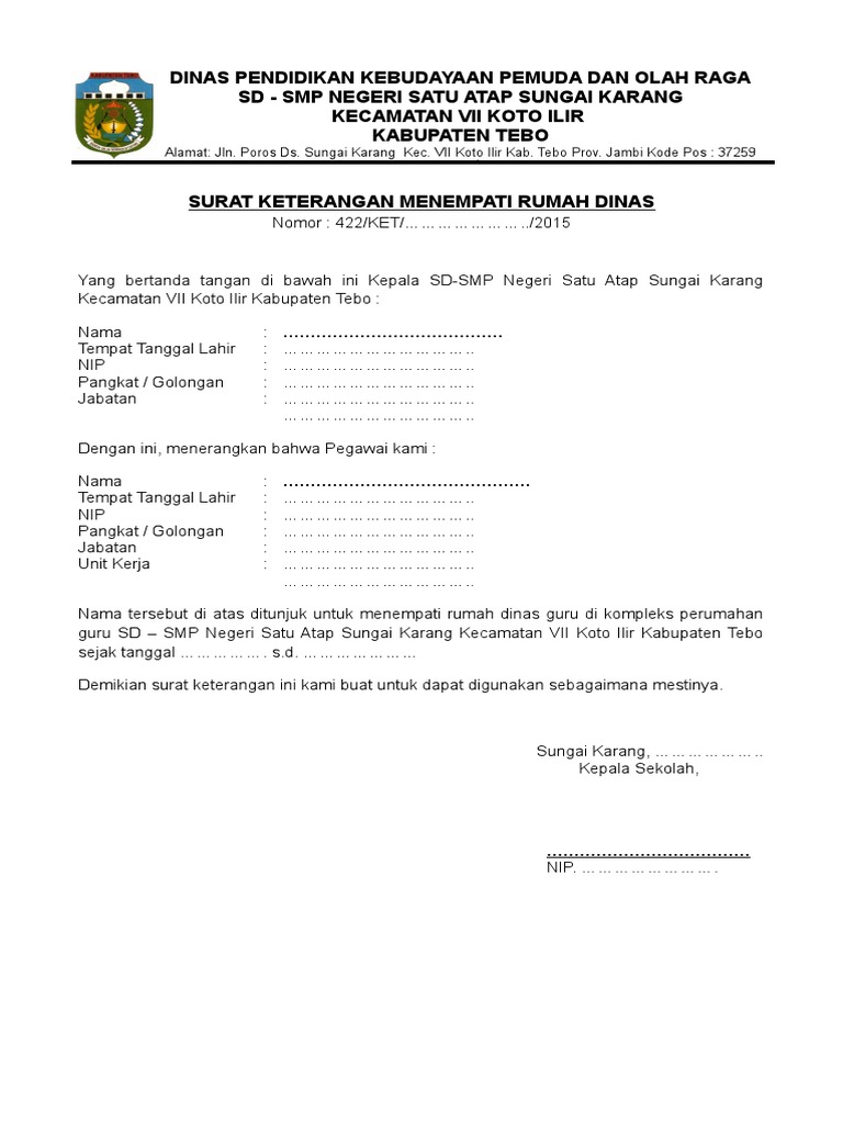 Contoh Surat Menempati Rumah Dinas