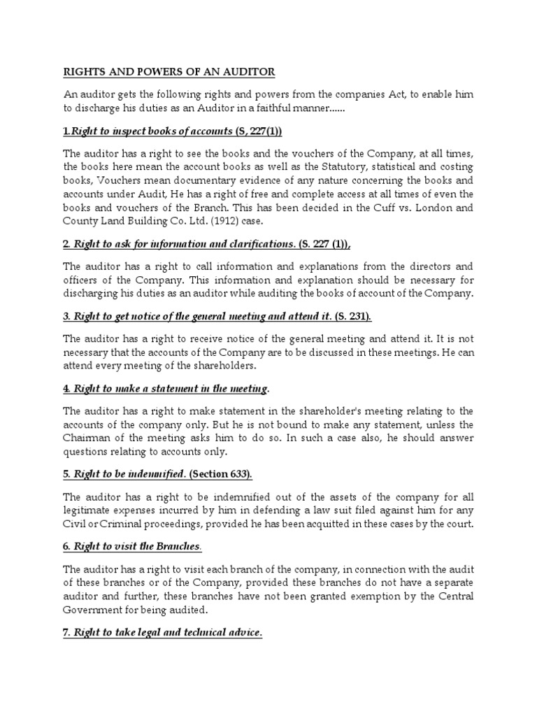 Rights and Powers of an Auditor Auditor's Report Accountant