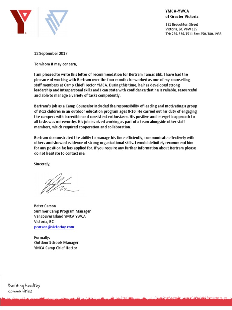 Sample Camp Counselor Reference Letter