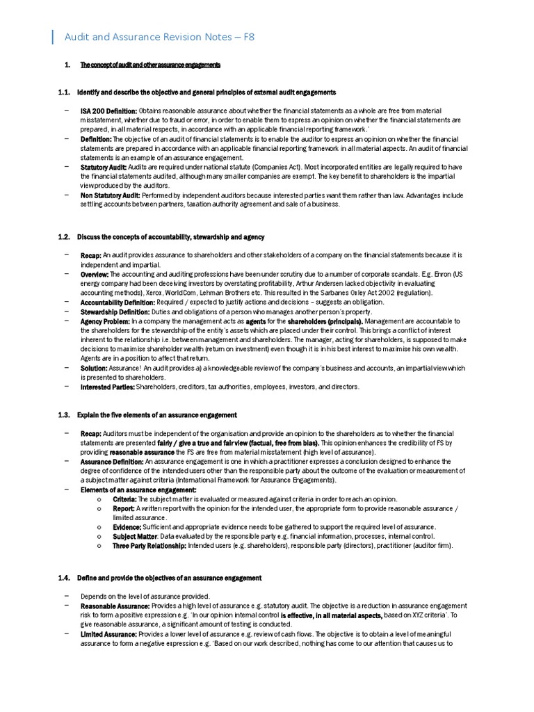 Audit and Assurance Notes - F8 | PDF | Internal Control | Audit