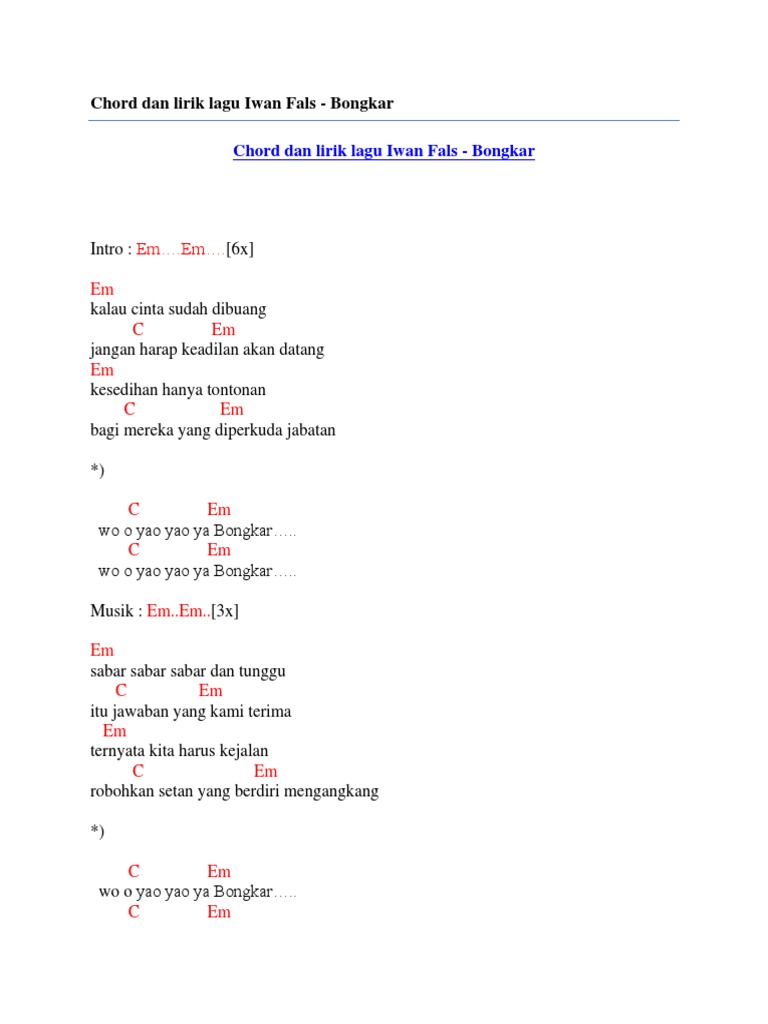 Chord Dan Lirik Lagu Iwan Fals Bongkar Pdf