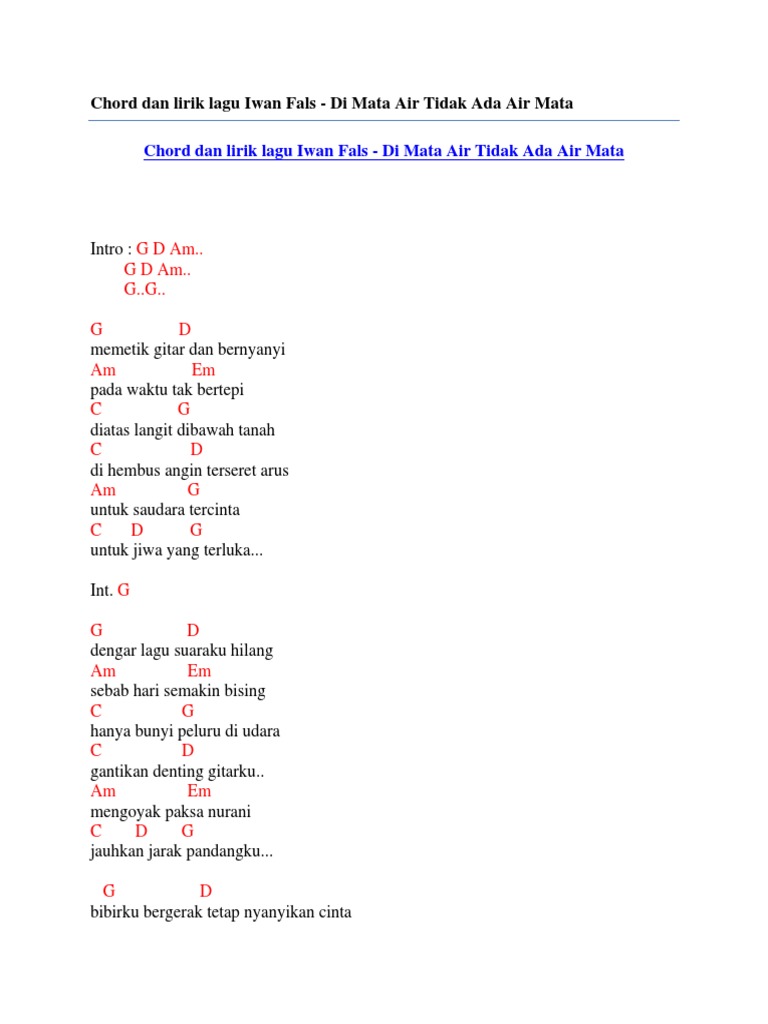 Chord Dan Lirik Lagu Iwan Fals Di Mata Air Tidak Ada Air Mata