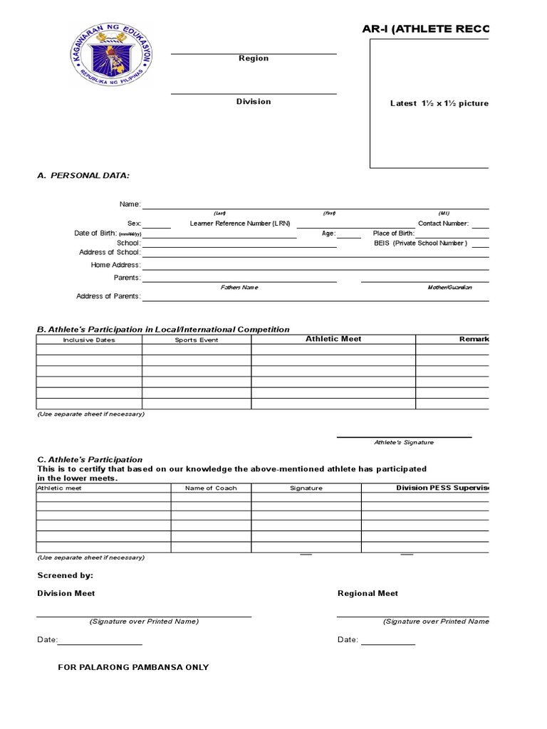 Athlete Record Form for DepEd 2025 | PDF