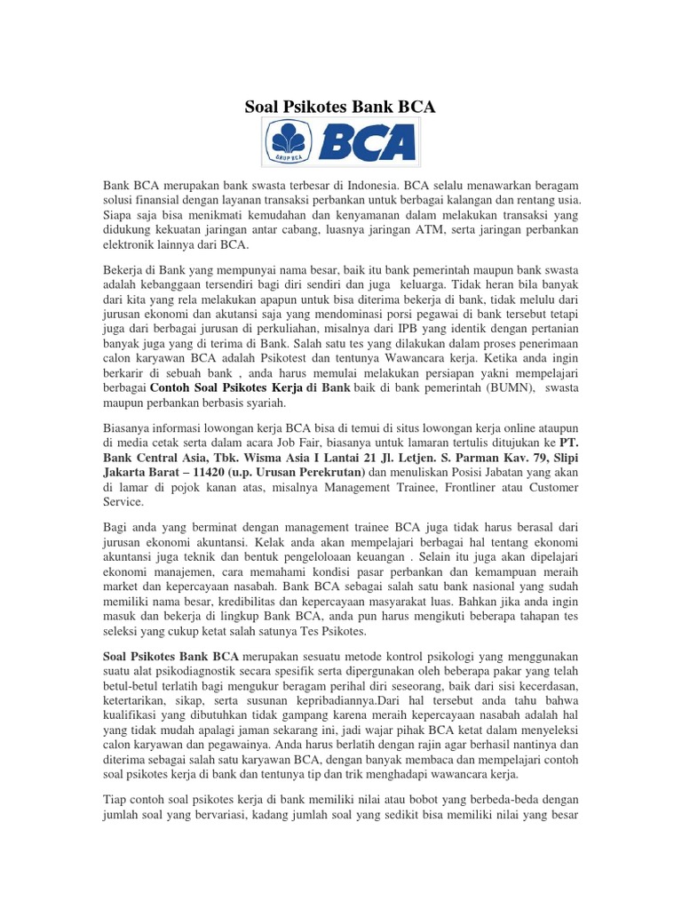 Soal Psikotes Bank BCA
