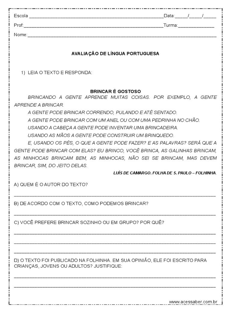 Avaliação de Língua Portuguesa 2º Ano | PDF | Negócios