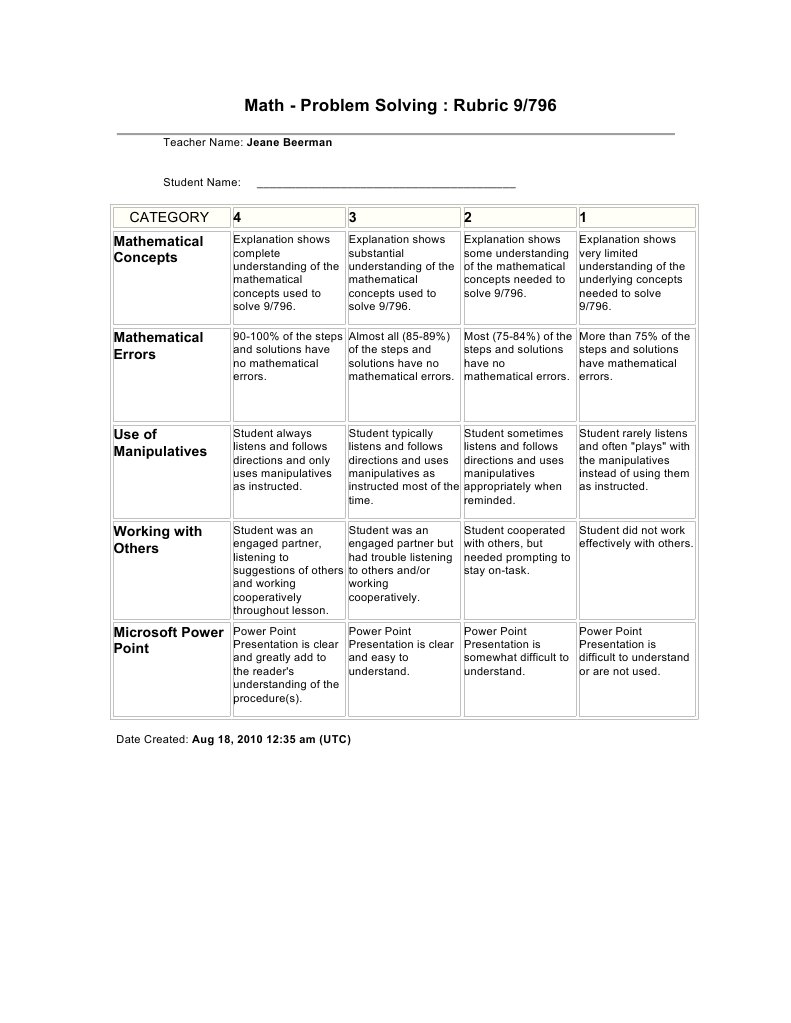 Math Problem Solving Rubric Guide | PDF | Change | Teaching Mathematics