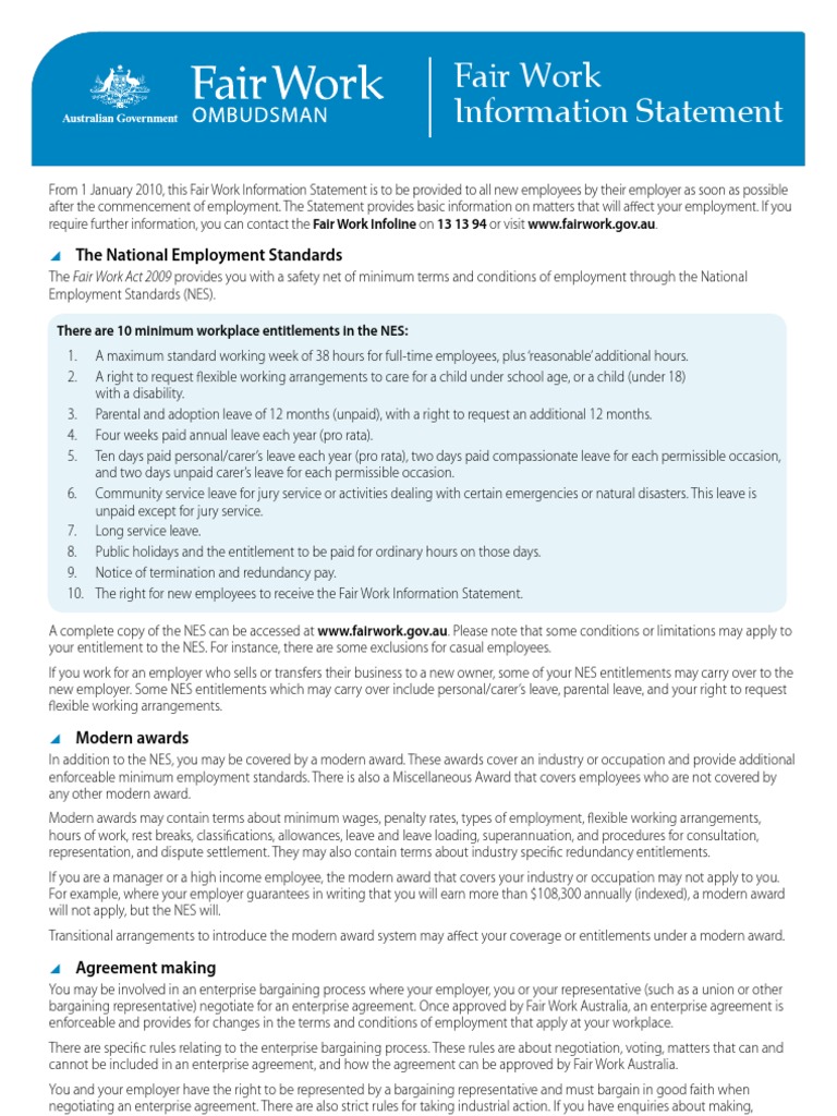 Fair Work Information Statement Employment Labour Law