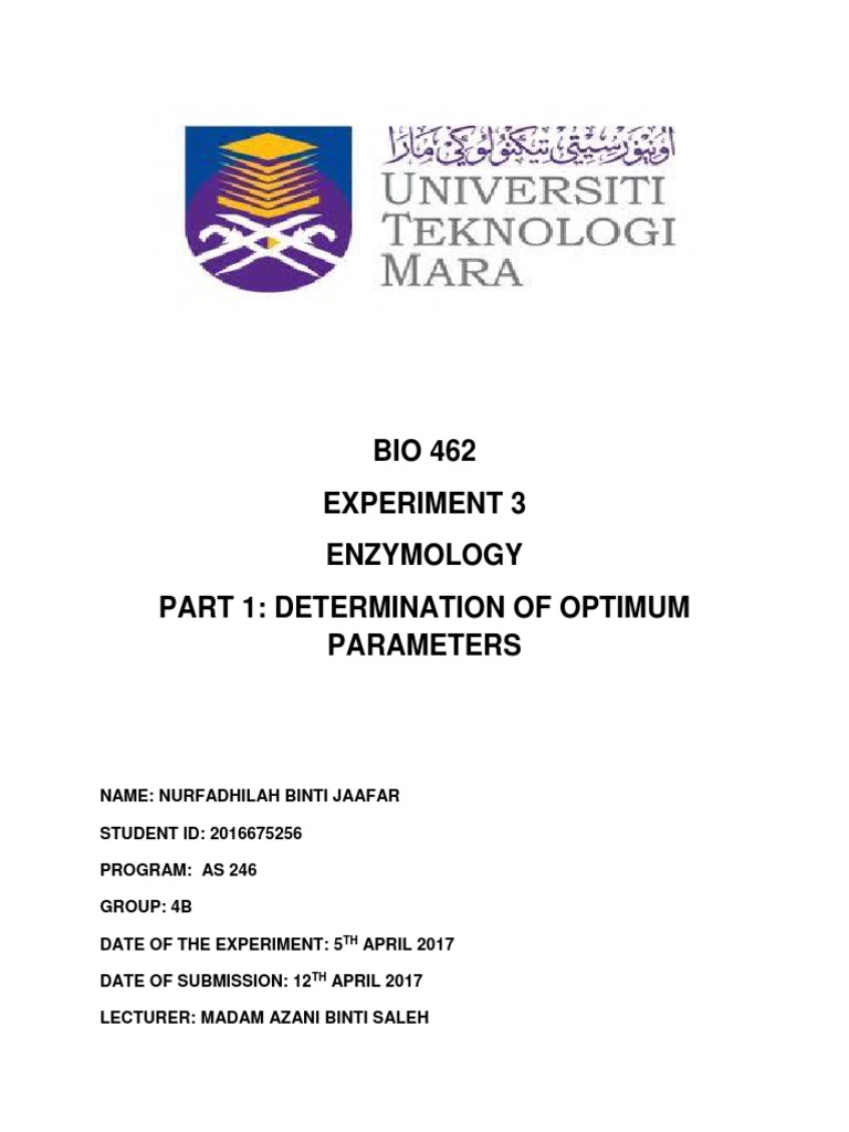 Enzyme Kinetics in BIO 462 Experiment 3 | PDF | Spectrophotometry ...