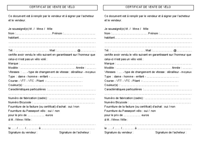 Certificat Type De Vente Velo Automobile Transport Routier