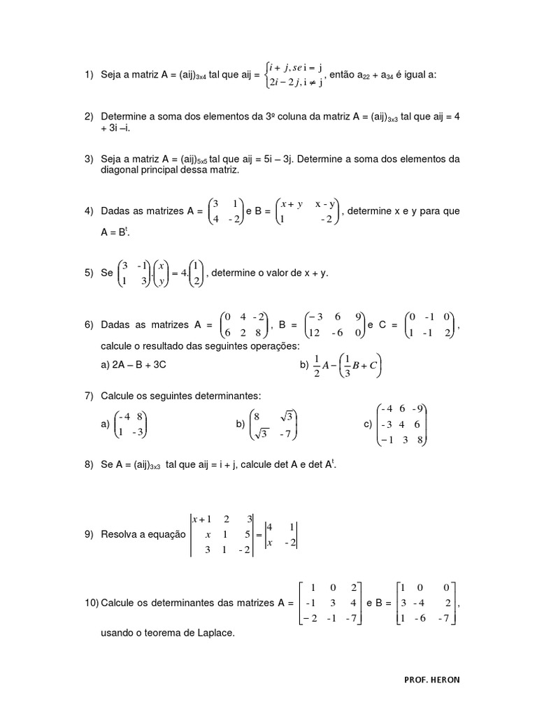 Lista De Exercícios Sobre Matrizes E Determinantes
