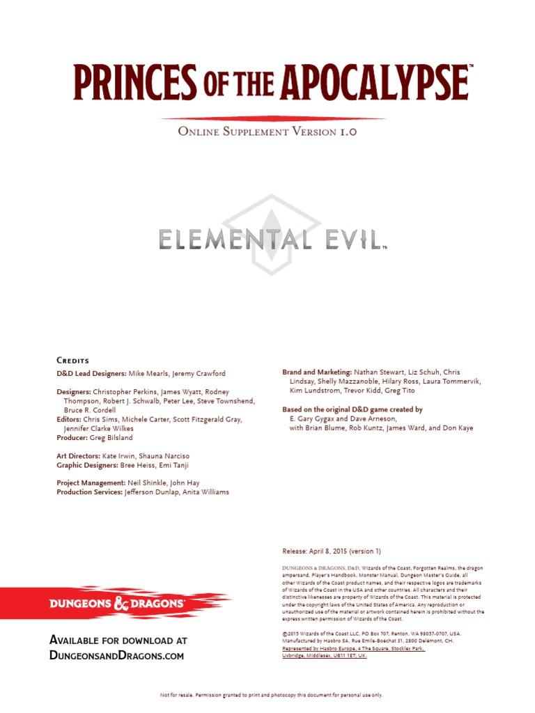 Princes of The Apocalypse Adv Supplement PDF | PDF | Dungeons &amp; Dragons | Wizards Of The Coast