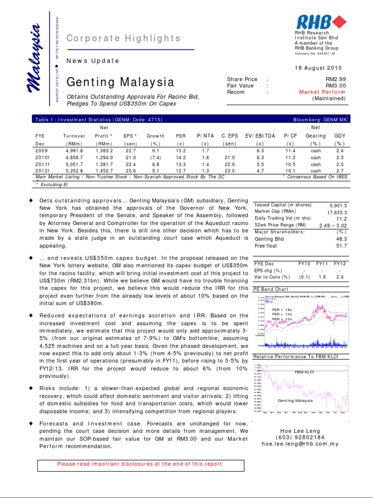 Genting Malaysia Berhad Obtains Outstanding Approvals For Racino Bid