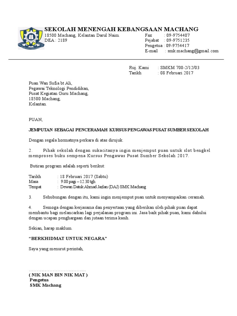 Contoh Surat Jemputan Penceramah Sloispet