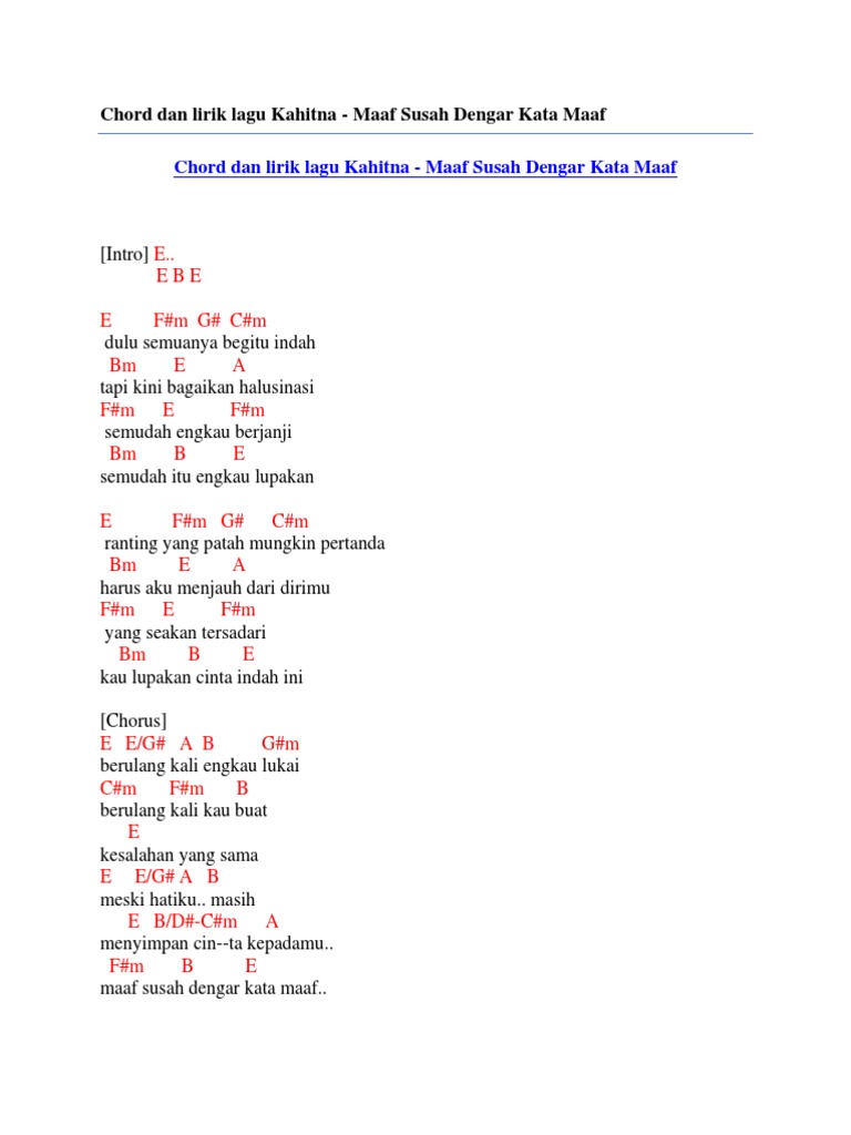 Chord Dan Lirik Lagu Kahitna - Maaf Susah Dengar Kata Maaf | PDF