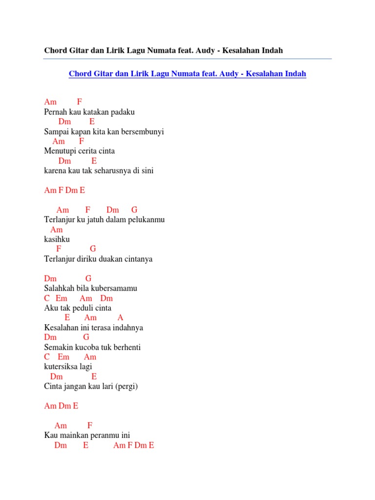 Chord Gitar Dan Lirik Lagu Numata Feat Audy Kesalahan Indah