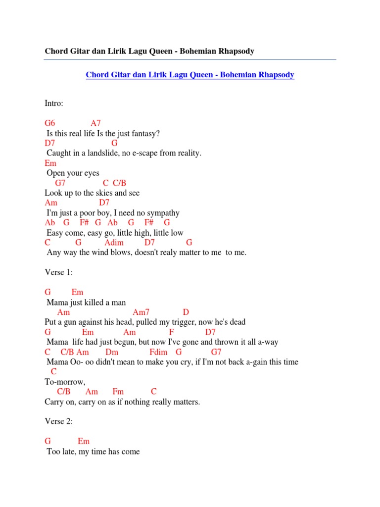 Chord Gitar Dan Lirik Lagu Queen Bohemian Rhapsody PDF Song