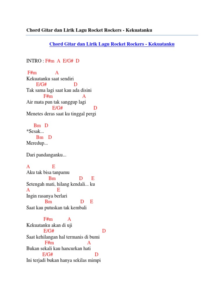 Chord Gitar Dan Lirik Lagu Rocket Rockers Kekuatanku