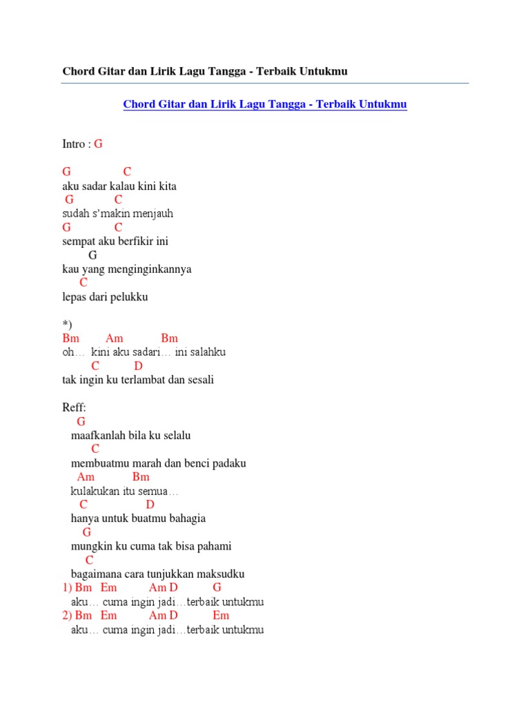 Chord Gitar Dan Lirik Lagu Tangga Terbaik Untukmu