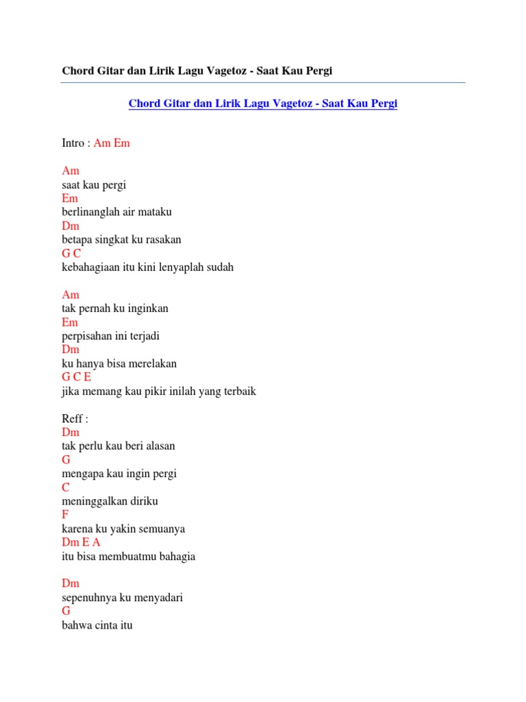 Chord Gitar Dan Lirik Lagu Vagetoz Saat Kau Pergi