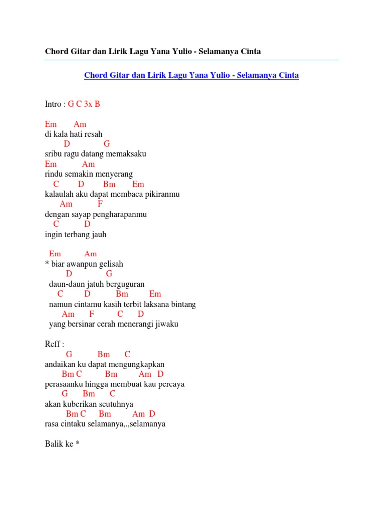 Chord Gitar Dan Lirik Lagu Yana Yulio Selamanya Cinta