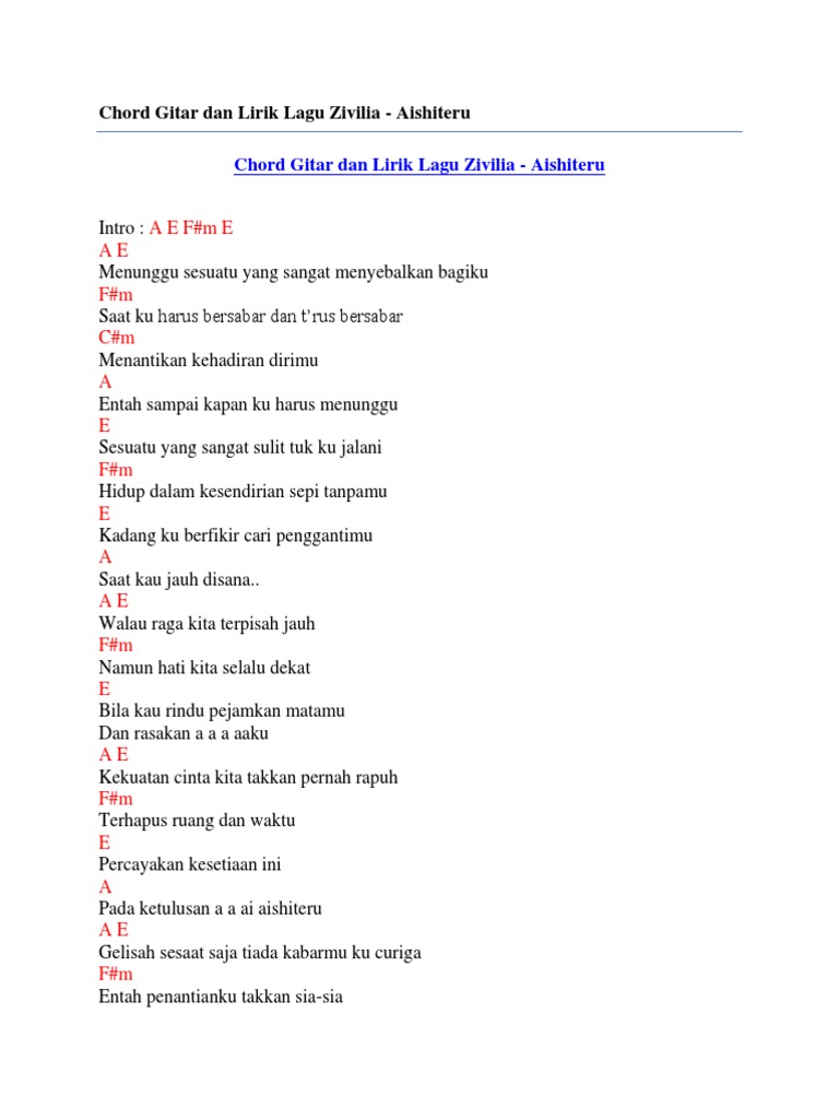 Chord Gitar Dan Lirik Lagu Zivilia Aishiteru