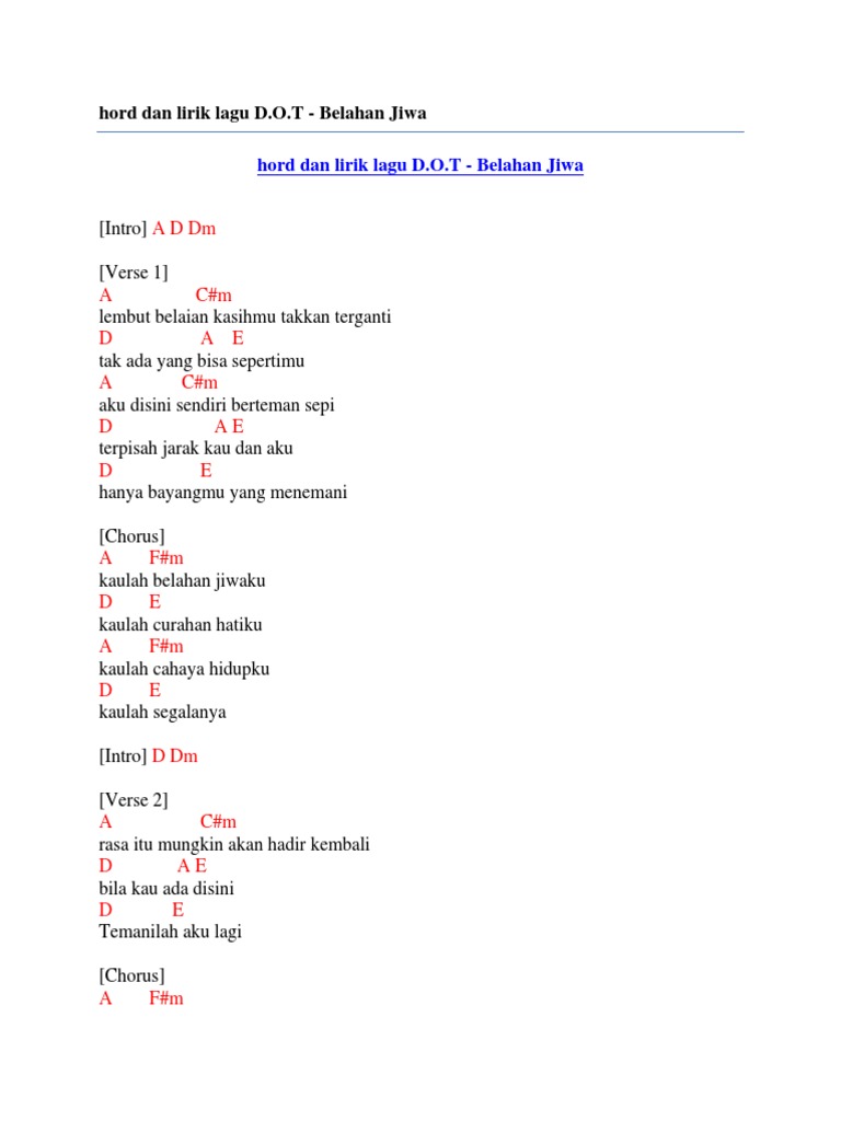 Hord Dan Lirik Lagu D O T Belahan Jiwa Handy iskandar & sari simorangkir music arrangement : hord dan lirik lagu d o t belahan jiwa