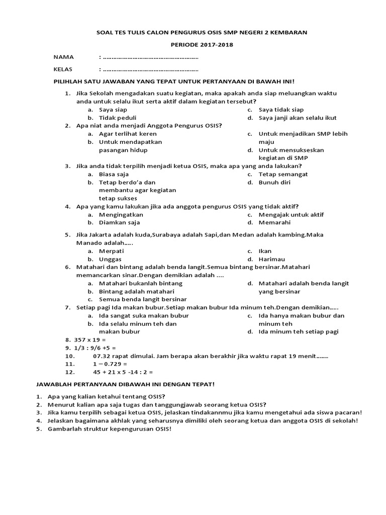 Soal Tes Untuk Osis Smp