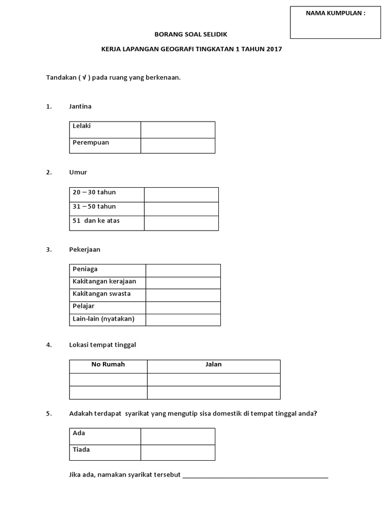 Contoh Borang Soal Selidik Kerja Lapangan Geografi Tingkatan 1