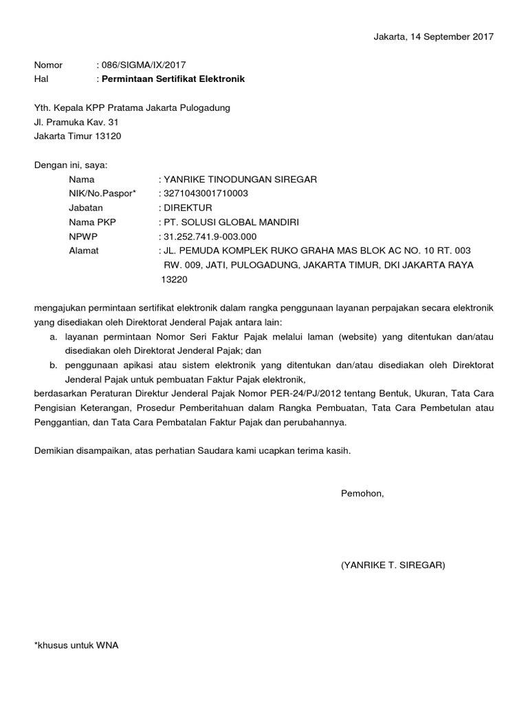 Download Surat Permintaan Sertifikat Elektronik Pajak Word ...