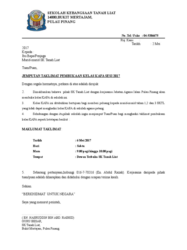 Surat Makluman Kepada Ibu Bapa Tentang Kelas Mengaji