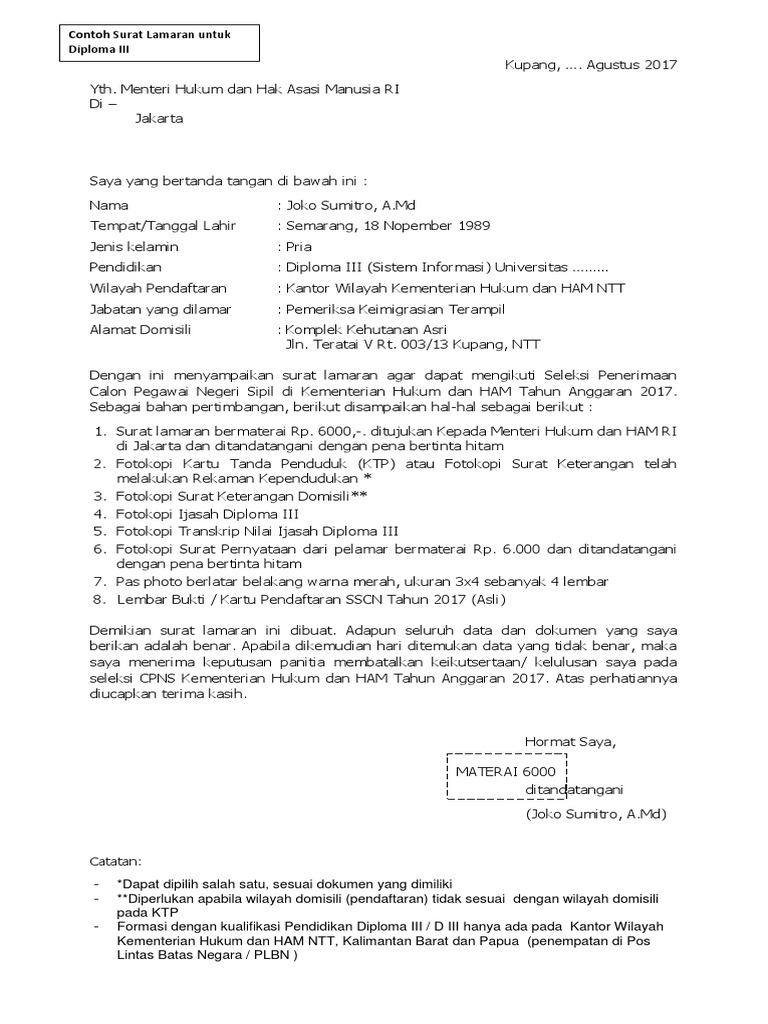 Contoh Surat Lamaran Kerja Pakai Materai 6000 - Berbagi ...