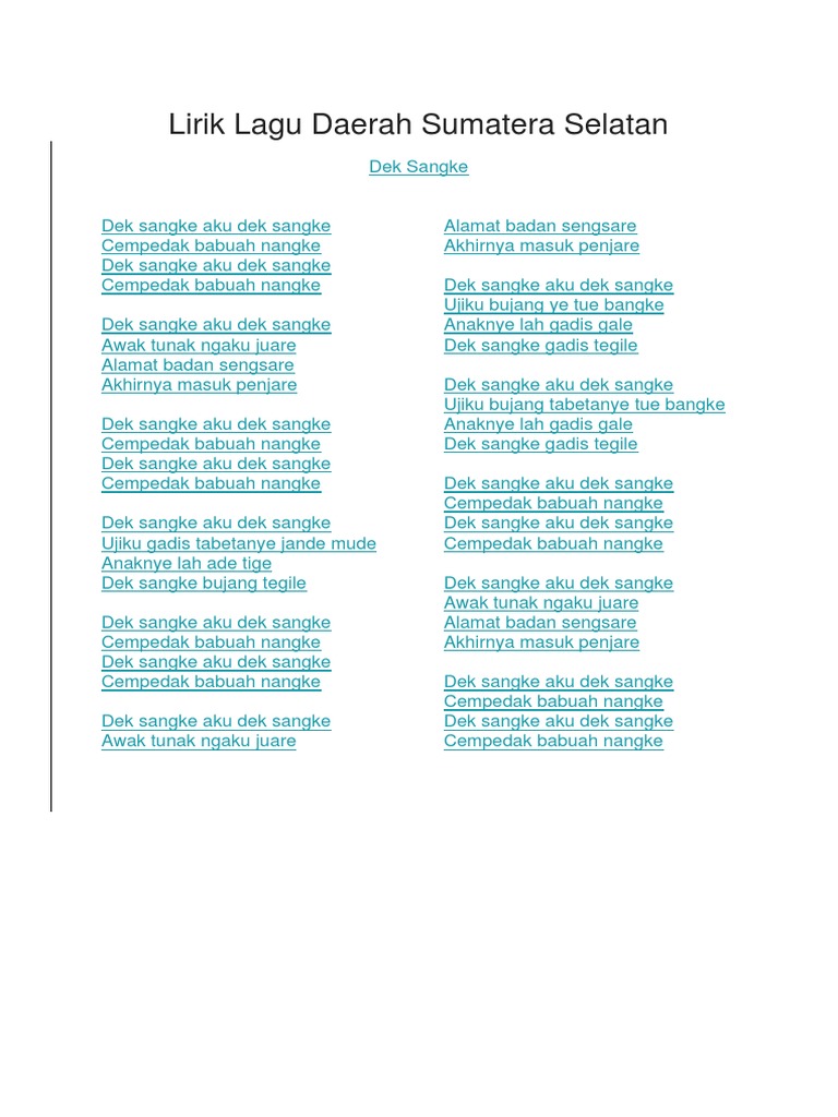 Lirik Lagu Daerah  Sumatera Selatan PDF  Lirik Lagu Daerah  Sumatera Selatan PDF