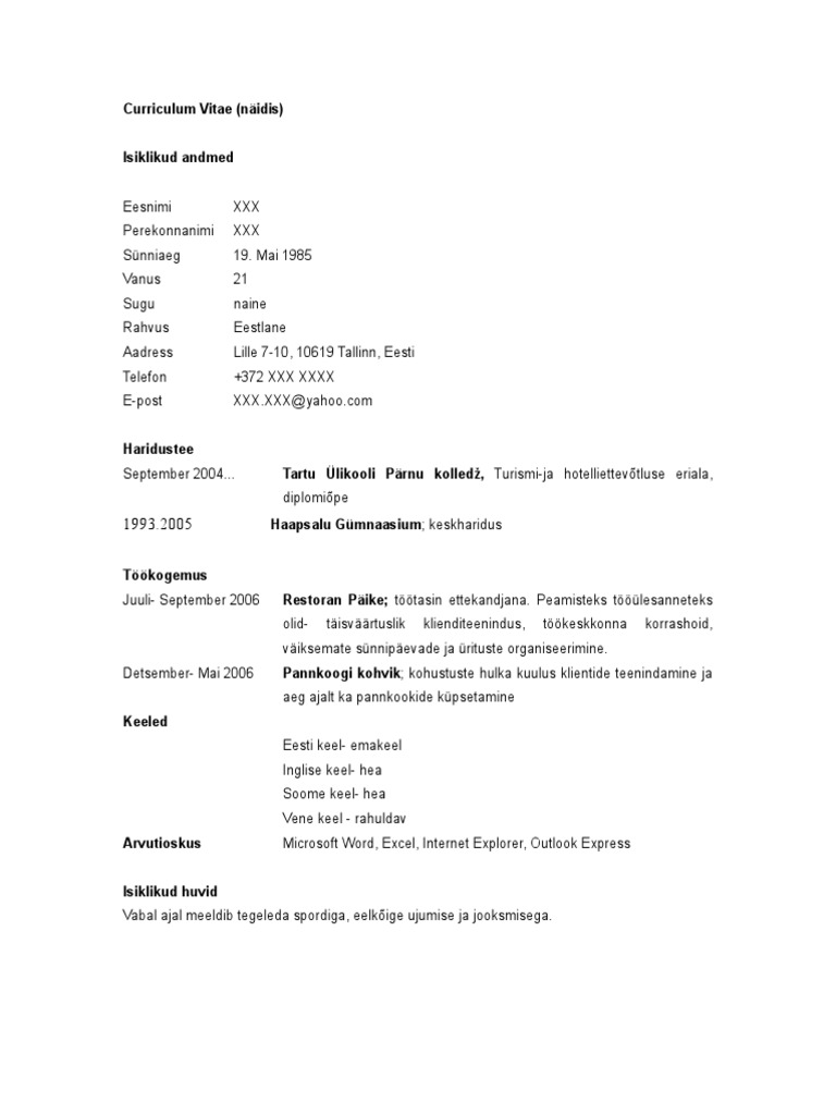 Naidis CV Eesti Keelne PDF