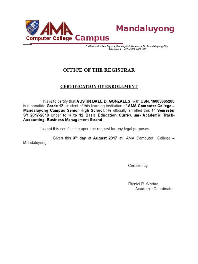 Certification of Enrollment | College | Traditions
