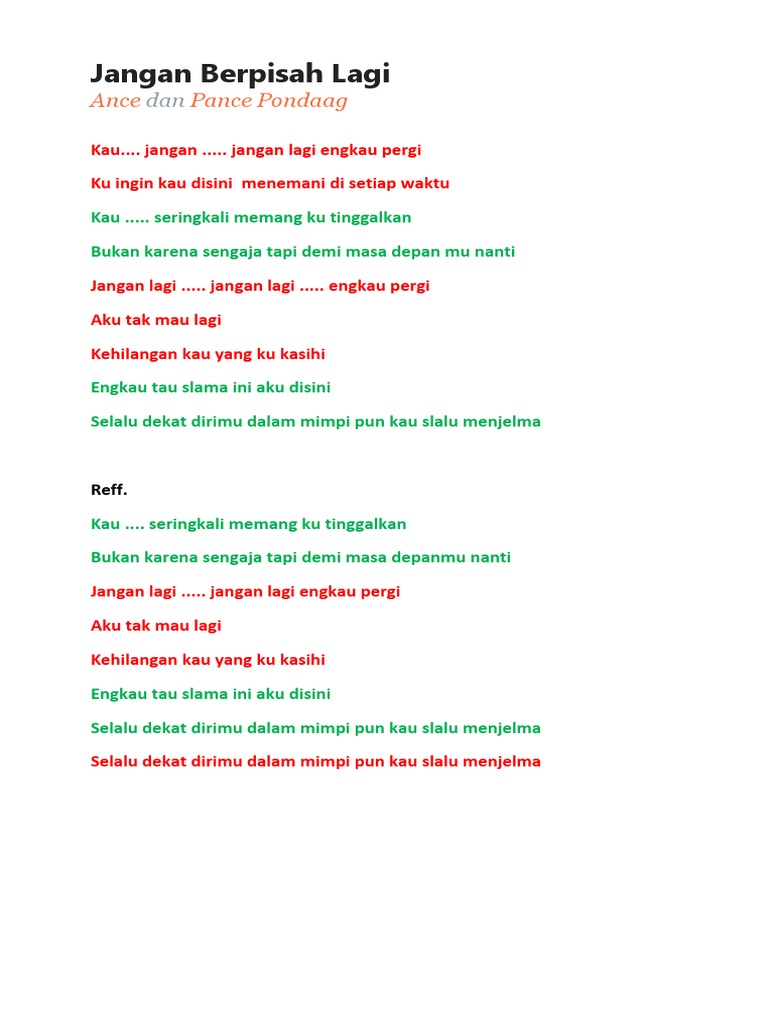 Jangan Berpisah Lagi Ance Dan Pance Lirik