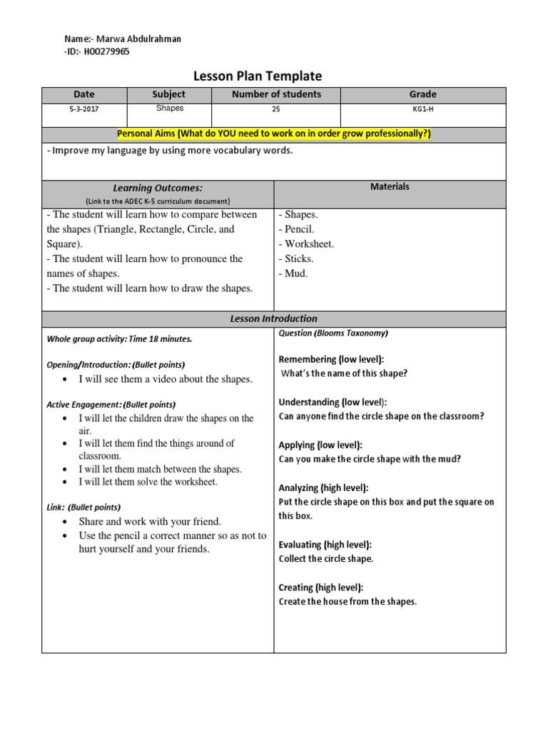 the lesson plan shapes  Lesson Plan  Educational Psychology  Free 30