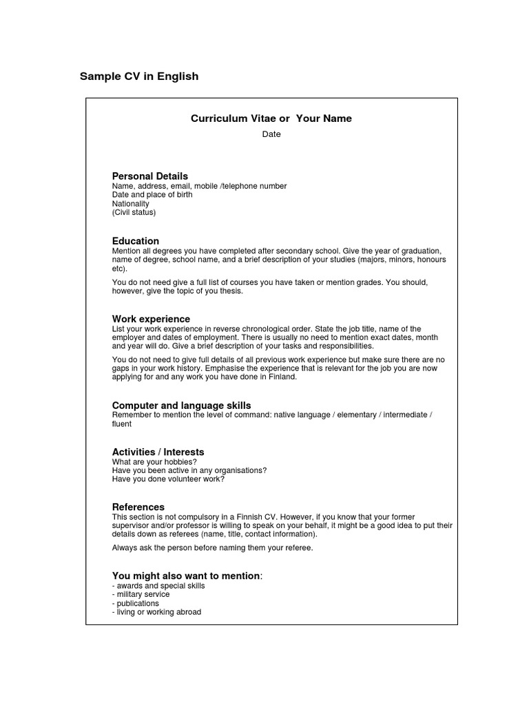 Sample CV in English PDF | PDF | Academic Degree | Employment
